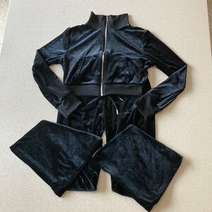 Black Velour Set - Cropped Jacket and Flare Pant - Sweatsuit - Loungewear Set M